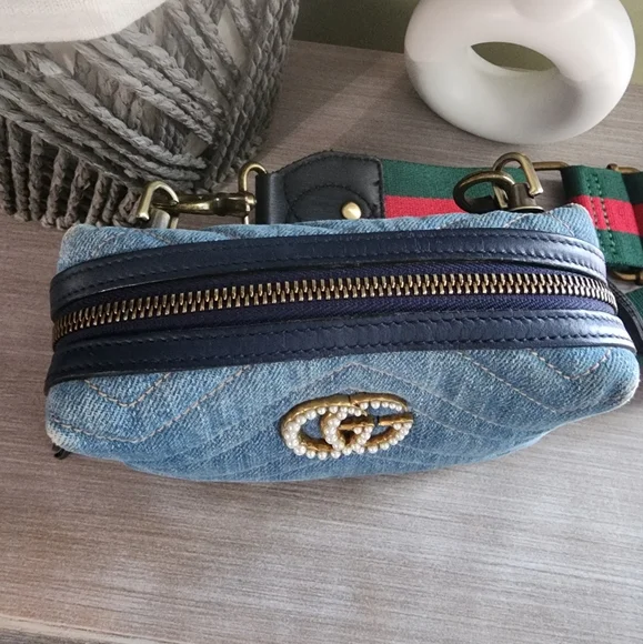 Gucci Marmont Denim Pouch Crossbody Bag Pearl GG Logo - Picture 12 of 13